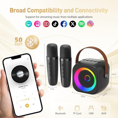 Image of Mini Karaoke Machine, Portable Bluetooth Karaoke Speaker with 2 Wireless Microphones and Party Lights for Kids and Adults, Birthday Gifts for Girls Boys Family Home Party