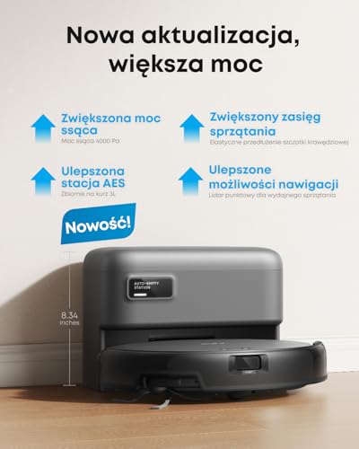 Odkurzacz automatyczny eufy C10 ze stacją ssącą, moc ssania 4000 Pa, zapobieganie wplątywaniu się włosów, 60 dni bez opróżniania, nawigacja laserowa iPath, do twardych podłóg i włosów, wysuwana prawa