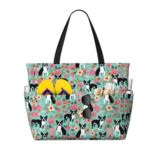 Grand sac de plage Boston Terrier fleurs : finis les sacs trop petits à la mer