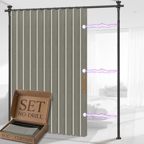 AJAZZ Privacy Curtains for Room Divider with Blackout & Soundproof (Grey, W100 x L96 in, 1 Panel)+ No Drill Curtain Rods(H) 43-120×(W) 35-100 in, Wall Divider for Bedroom/Studio/Office Curtain