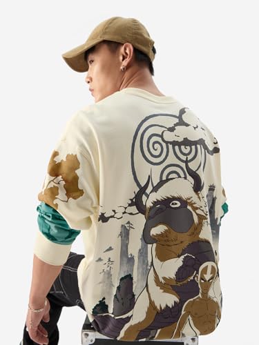 Image of The Souled Store Official Avatar: Aang and Appa Round Neck Beige Graphic Print 100% Cotton Oversized Fit Full Sleeve T-Shirts Oversized Men's T-Shirts Graphic Tees Casual Fashion Relaxed Fit Full