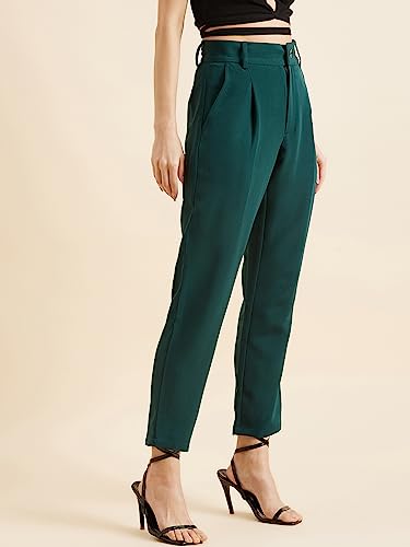 Image of PANIT Women Green Relaxed Straight Fit High-Rise Wrinkle Free Pleated Trousers