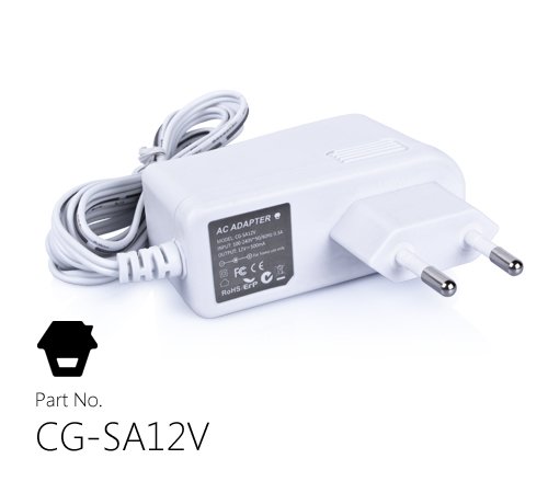 tualarmaSINcuotas Alimentador electrónico a 12V, conversor de formato compacto, adaptador de corriente pequeño, blanco y con cable