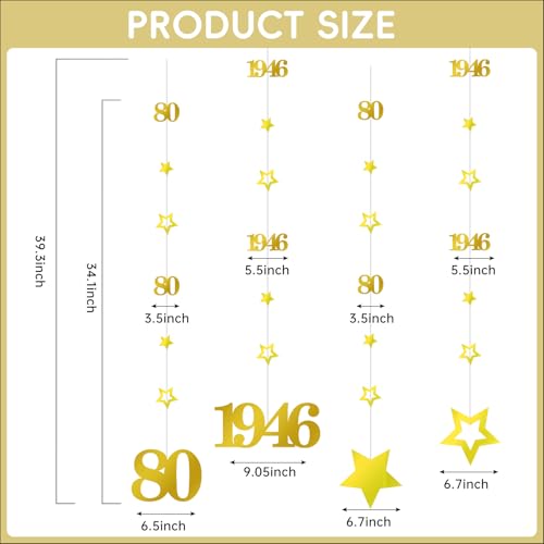 Image of Eucutur Gold 80th Birthday Decorations for Men Women, Pre-Strung Glitter Twinkle Number 80 Years Old Vintage 1946 Hanging Streamer Banner Party Supplies, Cheers 80th Birthday Anniversary Decor