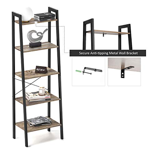 Ballucci Modern Ladder Bookshelf, 5-Tier Bookcase, Storage Rack & Plant Stand, Wood with Black Steel Frame, Industrial Accent Furniture for Living Room, Office, Bathroom, Bedroom - Rustic Gray - Thumbnail 5