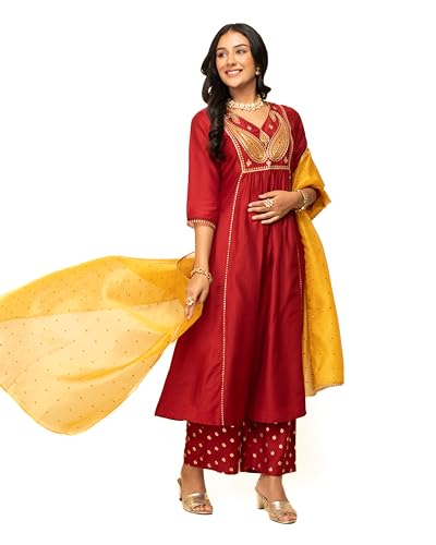 Image of FIORRA Women's Red Silk Blend A-Line Kurta with Palazzo and Dupatta