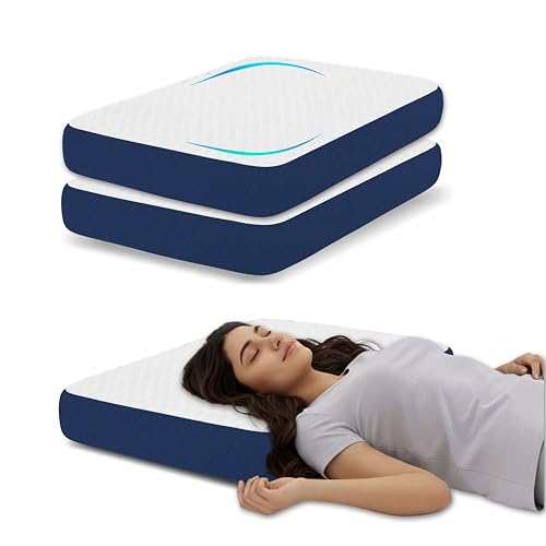 Image of Orthopedic Pillow Set of 2 for Side and Back Sleepers, Shredded Memory Foam 60x38x10 cm, Neck Relief Support, White and Blue Geometric Jacquard Case, Aligned Spine Bedding, High Density