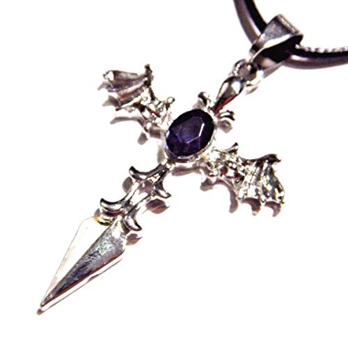 Silvertone Vampire Bat Wing Cross Pendant with Dark Blue Stone on Black Cord Necklace748433355419
