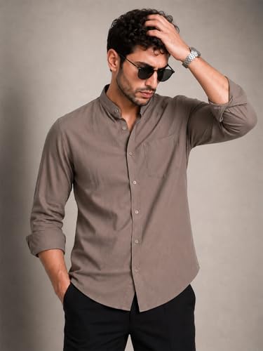 Image of Veirdo Men's Stylish Solid Casual Shirt | Chinese Collar Pure Cotton | Available in Black, Brown, Rust, Olive, White & Navy | Sizes S to XXL