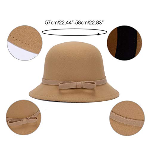 Women's Cloche Round Hat, Wool Blend Felt Bucket Hat Vintage Bow Fedora Church Caps2