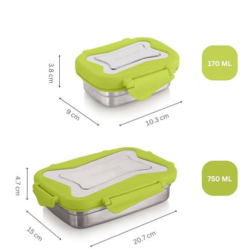 Image of STEELLOCK Smart Stainless Steel Tiffin Lunch Box for Kids and Adults 2pc Set | Airtight & Leakproof | Rectangle Combo for School & Office with Steel Lid | (1pc - 750ml & 1pc - 170ml) Green