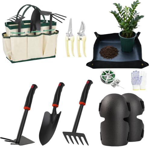 SHAOKAOLU Gardening Tool Set, 10Pc Heavy Duty Garden Kit with Repotting Mat