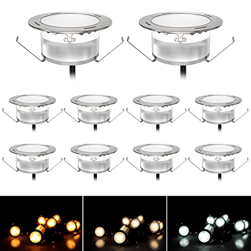 10 Spots Encastrable Exterieur Tricolore - Mini Lampe LED Exterieure Encastrement IP67 Etanche Spot Encastrable DC12V Dimmable Ø 42 mm Deco pour Patio Piscine Terrasse Dalle Jardin Escalier Chemin Cover