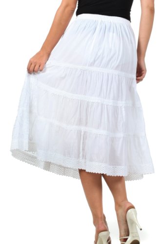 Sakkas Solid Embroidered Crochet Lace Trim Gypsy Bohemian Mid Length Cotton Skirt2