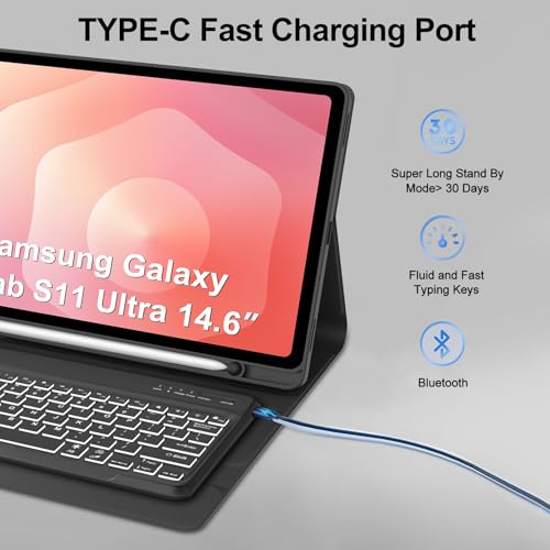 Image of KVAGO Keyboard Case for Samsung Galaxy Tab S11 Ultra 14.6 inch 2025 (SM-X930 /X936B), 7 Color Backlit,Magnetic Detachable Wireless Bluetooth Keyboard with S Pen Holder,Black