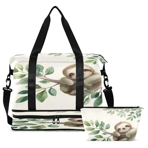 Sloth Leaves Green Duffel Bag for Women Men Gym Bag with Shoe Compartment Wet Pocket Carry On Weekender Overnight Bags for Airline Travel Under Seat