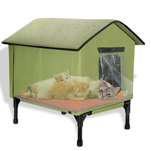 Heated Cat House for Outside in Winter, Elevated Waterproof Insulated Cat Houses for Outdoor Cats, Heated Feral Cat Shelter for Multiple Cats - 22" x 18.5" x22.3"(Green, Large)
