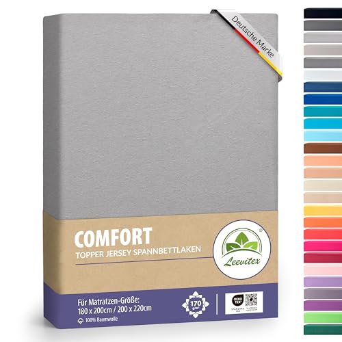 leevitex® Premium Topper Spannbettlaken 180x200-200x220 cm | 18 cm Steghöhe – für Topper & Boxspringbett | 100% Mako-Jersey-Baumwolle | ÖKO-TEX Zertifiziert | 170 g/m² | Grau