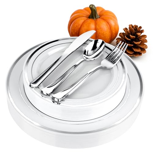 125-Piece White and Silver Fancy Plastic Plates Disposable with Silverware, Elegant Dinnerware for Weddings, Holiday Party China, Set of 25 Dinner + Salad Plates, 25 Spoons, 25 Forks, 25 Knives 125-Piece White and Silver Fancy Plastic Plates Disposable with Silverware, Elegant Dinnerware for Weddings, Holiday Party China, Set of 25 Dinner + Salad Plates, 25 Spoons, 25 Forks, 25 Knives