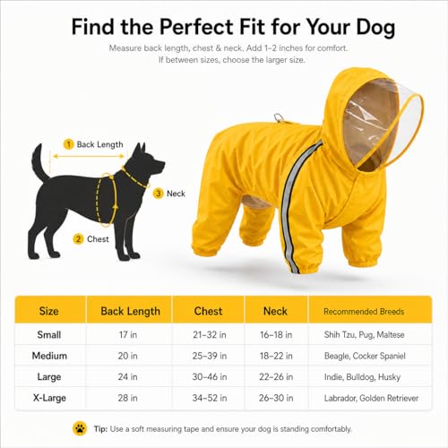 Image of Full Body Dog Raincoat with Hood & Transparent Face Shield | Waterproof Pet Rain Suit with Leash Hole & Reflective Strip | Adjustable Rain Jacket | All Weather Protection Rainwear (Small)