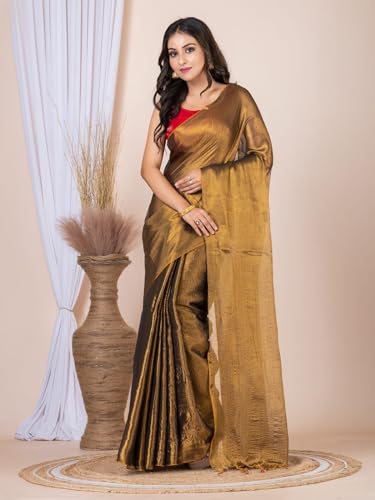 Image of Women's Tissue Cotton Saree | Plain Lightweight Tassel Pallu Saree with Blouse