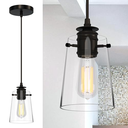 GOOUQA Pendant Lights Kitchen Island, Modern Industrial Pendant Light Fixtures with Glass Shade, E26 Socket Adjustable Cord for Dining Room, Bedroom, Living Room, Farmhouse Pendant Lighting 1Pcs