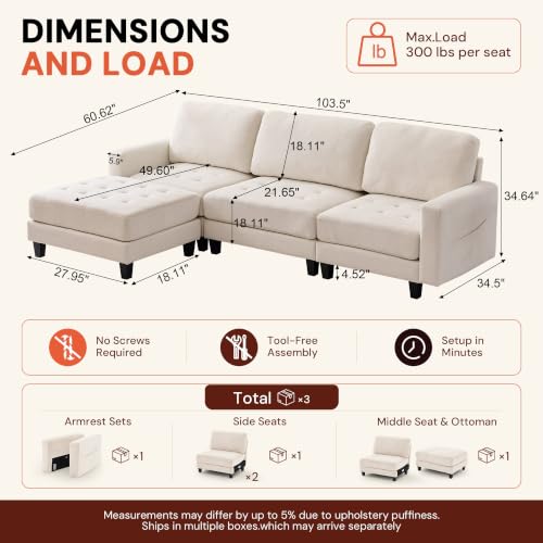 Korser 103" Modular L Shaped Sectional Sofa with Movable Ottoman, 4-Seat Chenille Deep Seat Sofa, Convertible Cloud Couch for Living Room, Bedroom and Apartment, Beige - Image 2