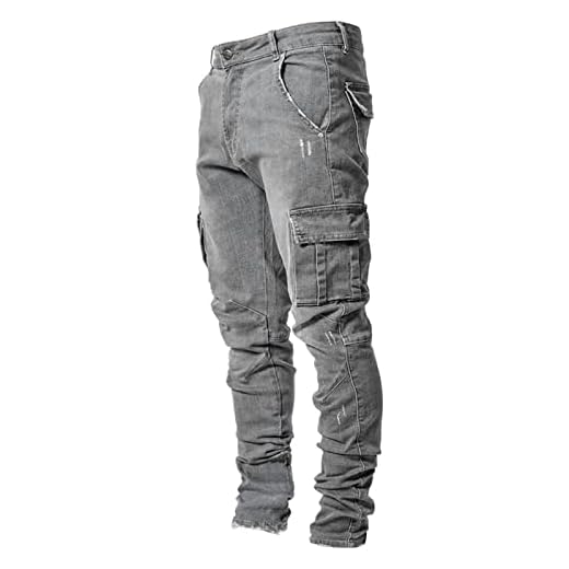 Pantalones Largos de Hombre Vaqueros de Cintura Media Cargo de Color Sólido con Bolsillos Laterales Jeans Pantalón Denim Casual para Primavera Otoño (Gris, M)