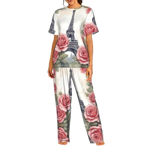 Pyjama 2 pièces femme avec haut manches courtes et pantalon long imprimé rose S-3XL