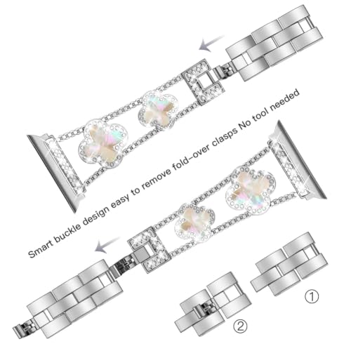Image of Musk-MSKR Diamond Metal Bands Add Sparkle to Your Watch For Apple Watch Series 11 /10 /9 /8 /7 /6 /5 /4 /3 /2 /SE /Ultra Clover Simple and Stylish Compatible with 38mm40mm41mm42mm44mm45mm 46mm49mm Women's Wear