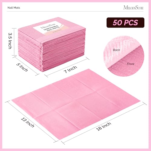 Image of MelodySusie Disposable Nail Mats, 50Pcs 3-Ply Absorbent Nail Art Table Pads with PE Backing, 18 inch x 13 inch Nail Desk Protection for Manicure Pedicure, Salon Home DIY Pink