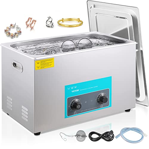 VEVOR Limpiador Ultrasónico 30 L Control de Máquina de Limpieza Ultrasónica con Perilla de Acero Inoxidable 304, con Temporizador Calentador para Joyas, Relojes, Gafas, Instrumentos Dentales