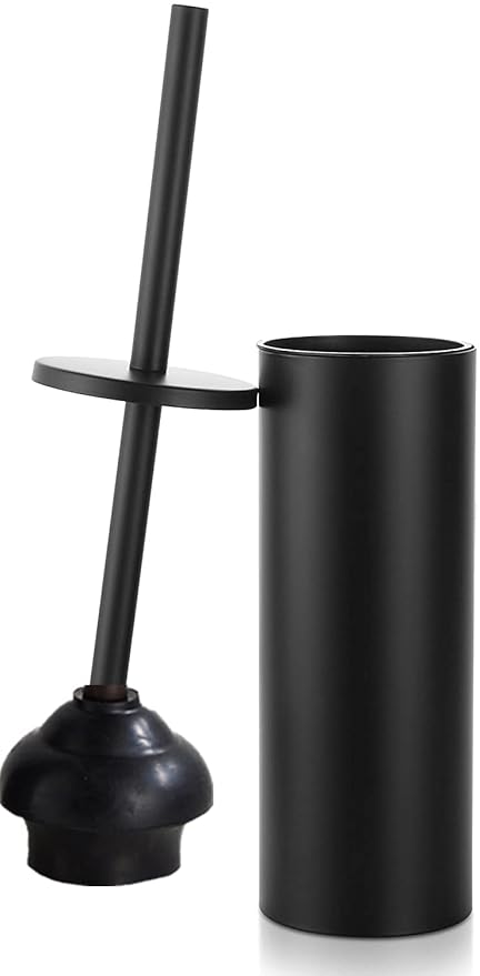 Black Toilet Plunger with Holder Bathroom Metal Canister Holder Drip Cup, Heavy Duty, Deep Cleaning
