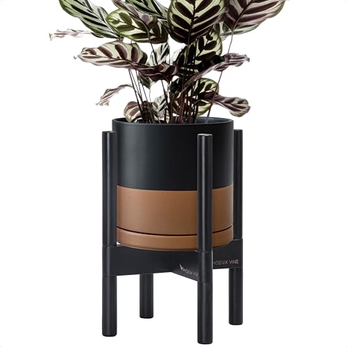 Dvine-Dev-Ceramic-Planter-with-Ebony-Stand-8-Inch-Modern-Round-Flower-Pot-with-Wood-Planter-Holder-BlackSpeckled-Tan-55-B-M-7