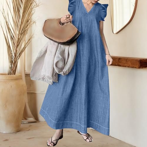 Summer Dresses for Women Ruffle Dress Jean Maxi Dresses Jean V Neck Sleeveless Sundress Casual Loose Fit Dress 20253
