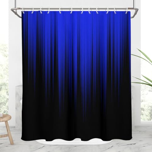 Image of AAtter Royal Blue and Black Shower Curtain, Ombre, 60x72 Inch, 12 Hooks | Abstract Striped Polyester Fabric, Dark Trendy Masculine Style, Cool Anime Design, Gradient Bathroom Decor for Men Teen Boy