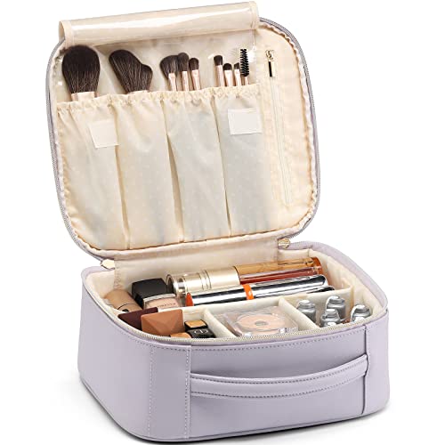Vlando Makeup Bag with Brush Compartment, Large Size PU Leather Travel Cosmetic Bag, Portable Water-Resistant Makeup Organiser Case for Women, White B.white.large