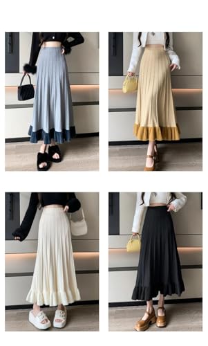 Women Patchwork Ruffle Edge Knit Long Skirts Fall Winter Vintage High Waist Party A-Line Pleated Skirt2