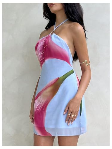 MakeMeChic Women's Floral Halter Backless Dress Ring Sleeveless Summer Mini Dresses3