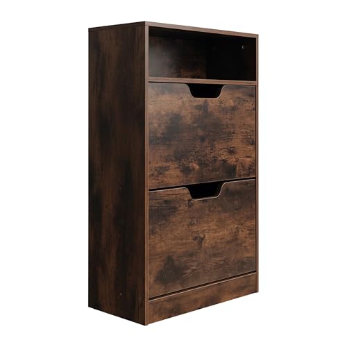Relaxdays Armoire à Chaussures étroite Style Industriel, 8 Paires, 2 abattants, Marron, 102x60x24 cm
