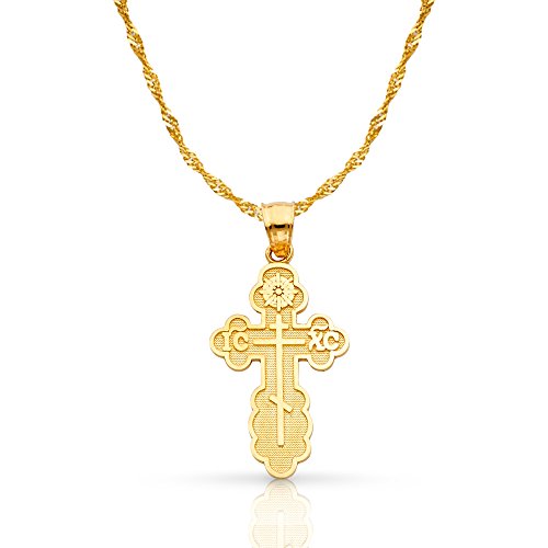 14K Yellow Gold St. Olga Greek Orthodox Baptismal Cross Pendant with 1.2mm Singapore Chain Chain Necklace