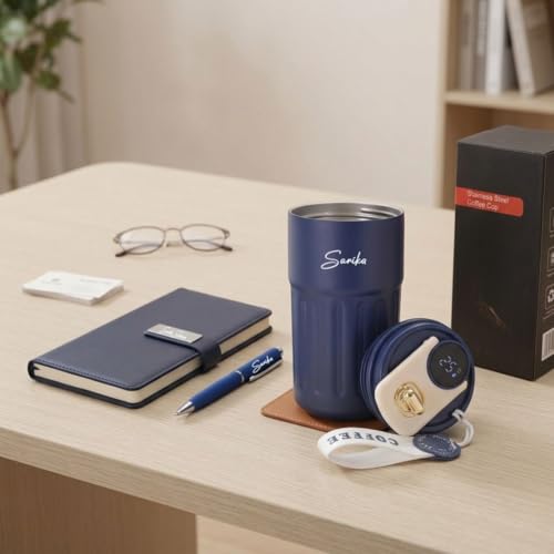 Image of Giftana Personalized Diary with Pen, Coffee Tumbler with Name, 3 in 1 Diary, Pen, Tumbler, Personalized Gifts for Husband Birthday, New Year Corporate Gifts for Employee (Blue 4)