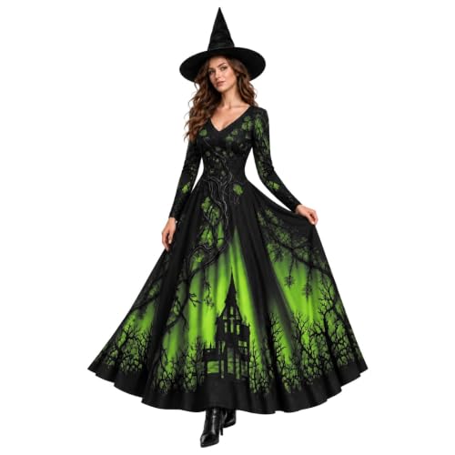 GAHIEDIM Halloween Costume Witch Costume Women Treehouse Thorns Printed Halloween Costumes Gothic Green Large - image 2