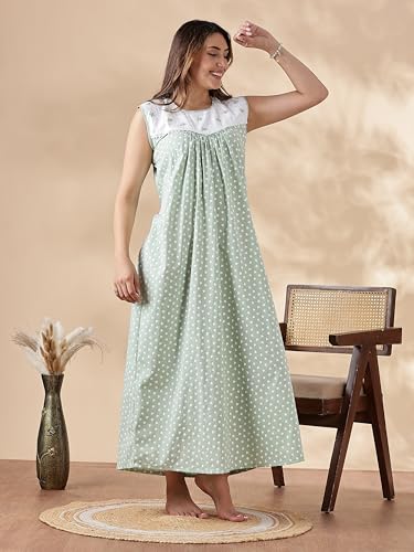 Image of 9shines Label Cotton Sleeveless Nighty | All Over Print Maxi Night wear for Women | Full Length Night Gown Night Dress for Women Stylish (Cotton Sleeveless 25)