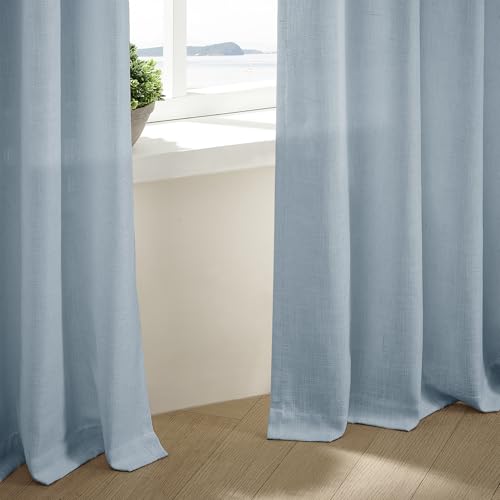 Image of Dusty Blue Pinch Pleated Short Linen Curtains 45 Inches Long 2 Panels for Living Room Bedroom Memory Trained Semi Sheer Pleat Drapes Hooks Rings Light Filtering Small Kitchen Window Curtain 40x45
