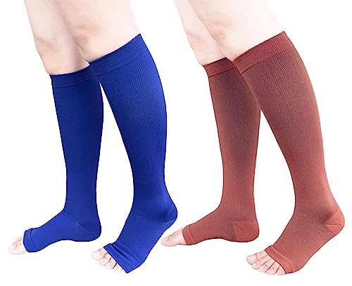 Image of Open Toe Compression Socks 2 Pairs 15-20mmHg Support Circulation Medical Toeless Compression Socks Recovery Varicose Veins