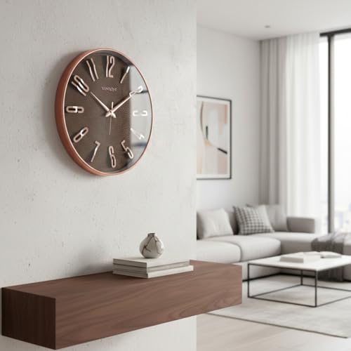 Image of RANDOM Sweep Silent Wall Clock, Non-Ticking Quartz Movement with 3D Foiling Numbers. (Rose Gold and Brown)