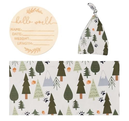 Image of Newborn Swaddle Set, Grey and Green Tree, Beanie | 31.4 x 31.4 in, for 0-3 months, swaddle and receiving blanket, beanie, name card, Grey and Green Tree