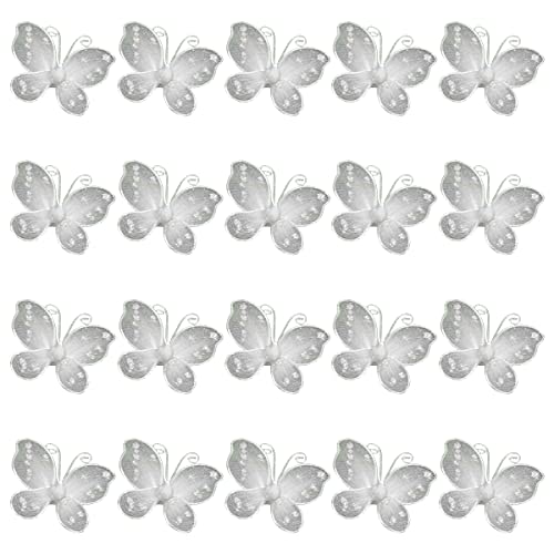 Queenbox 20 Pcs 5.1x5.5cm Wire Mesh Butterfly Decorations with Fake Gem and Glitter Sequins No Glue Back for Home Wall, White