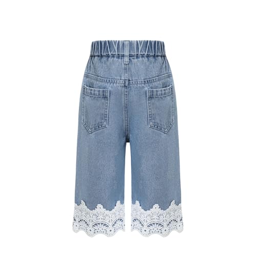 Girls Elastic Waist Straight Jeans Blue Baggy Wide Leg Denim Pants2